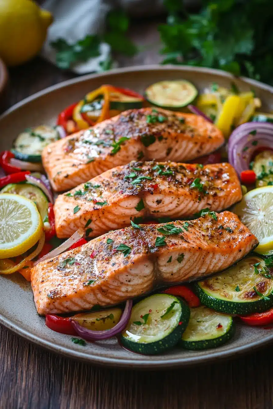 Close-up of a salmon sheet pan dinner with zucchini, featuring vibrant colors and appetizing textures.