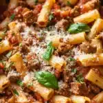Close-up of a sausage rigatoni pasta skillet with bright lighting and minimal background.