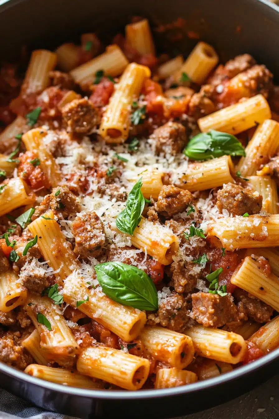 Close-up of a sausage rigatoni pasta skillet with bright lighting and minimal background.