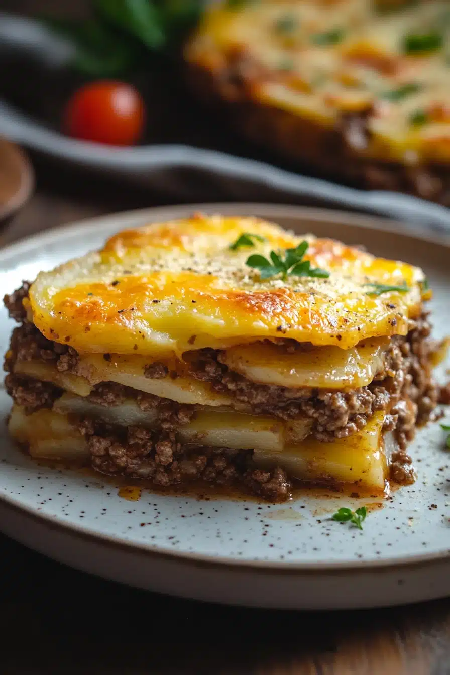 Close-up of scalloped potato ground beef casserole with golden crust and creamy layers