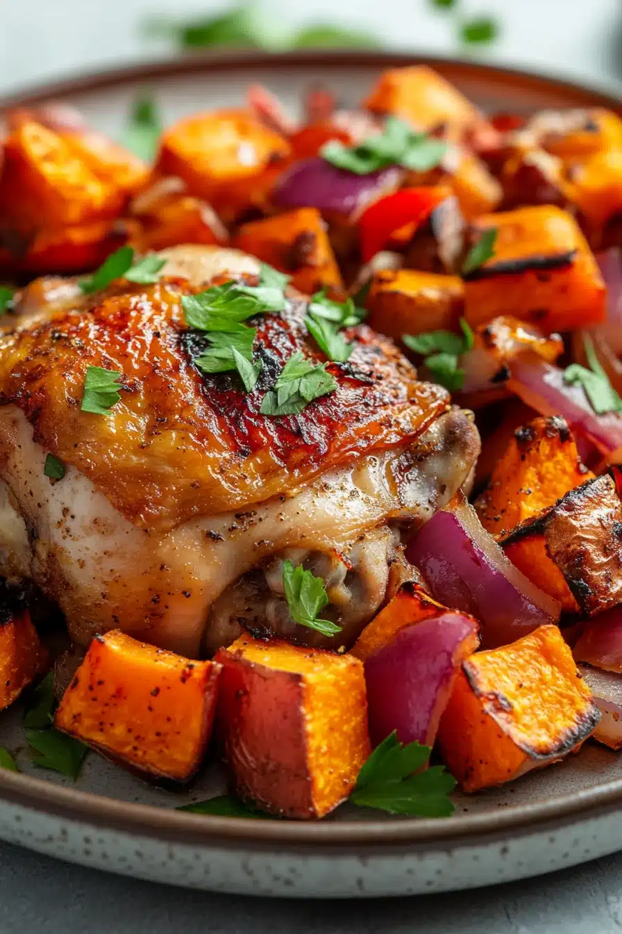 Close-up of a sheet pan dinner with roasted sweet potatoes and vegetables
