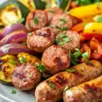 Sheet pan with kielbasa and chicken sausage, roasted vegetables, and herbs