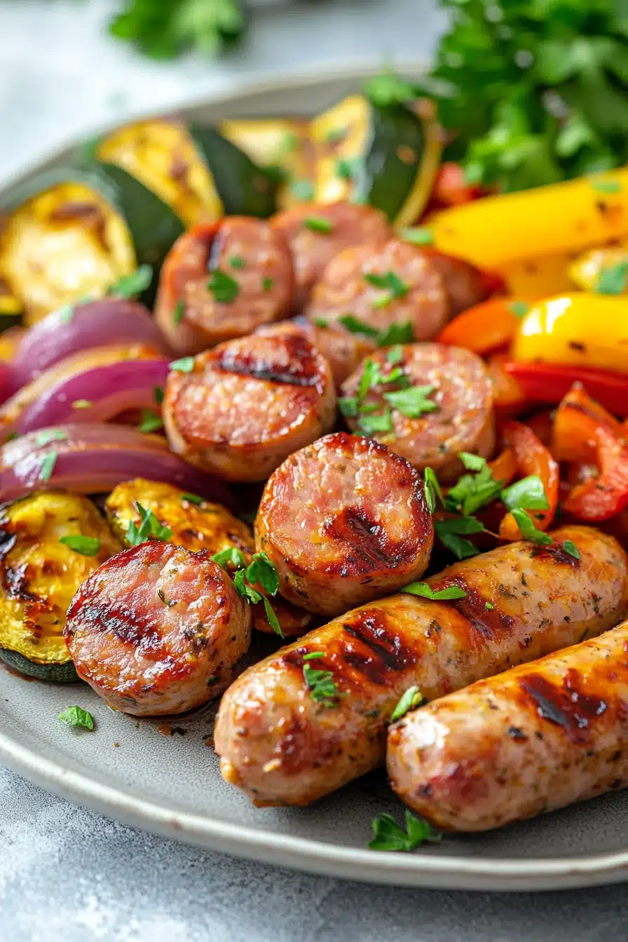 Sheet pan with kielbasa and chicken sausage, roasted vegetables, and herbs