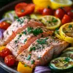 Close-up of sheet pan salmon with roasted vegetables including broccoli and cherry tomatoes.