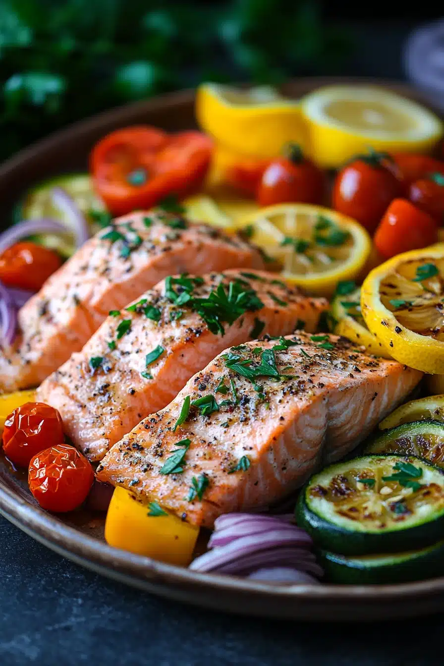 Close-up of sheet pan salmon with roasted vegetables including broccoli and cherry tomatoes.
