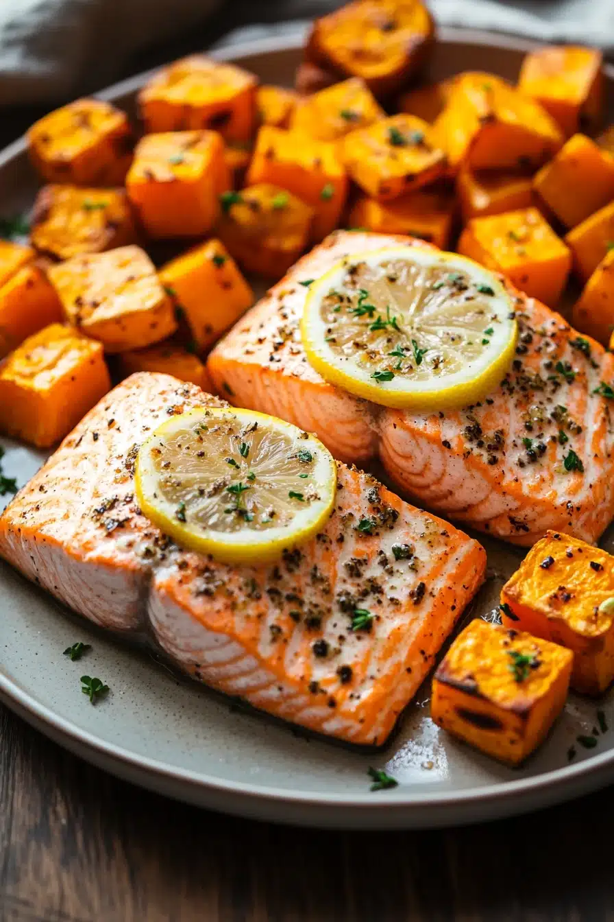 Close-up of sheet pan salmon with sweet potatoes and herbs on a clean background.