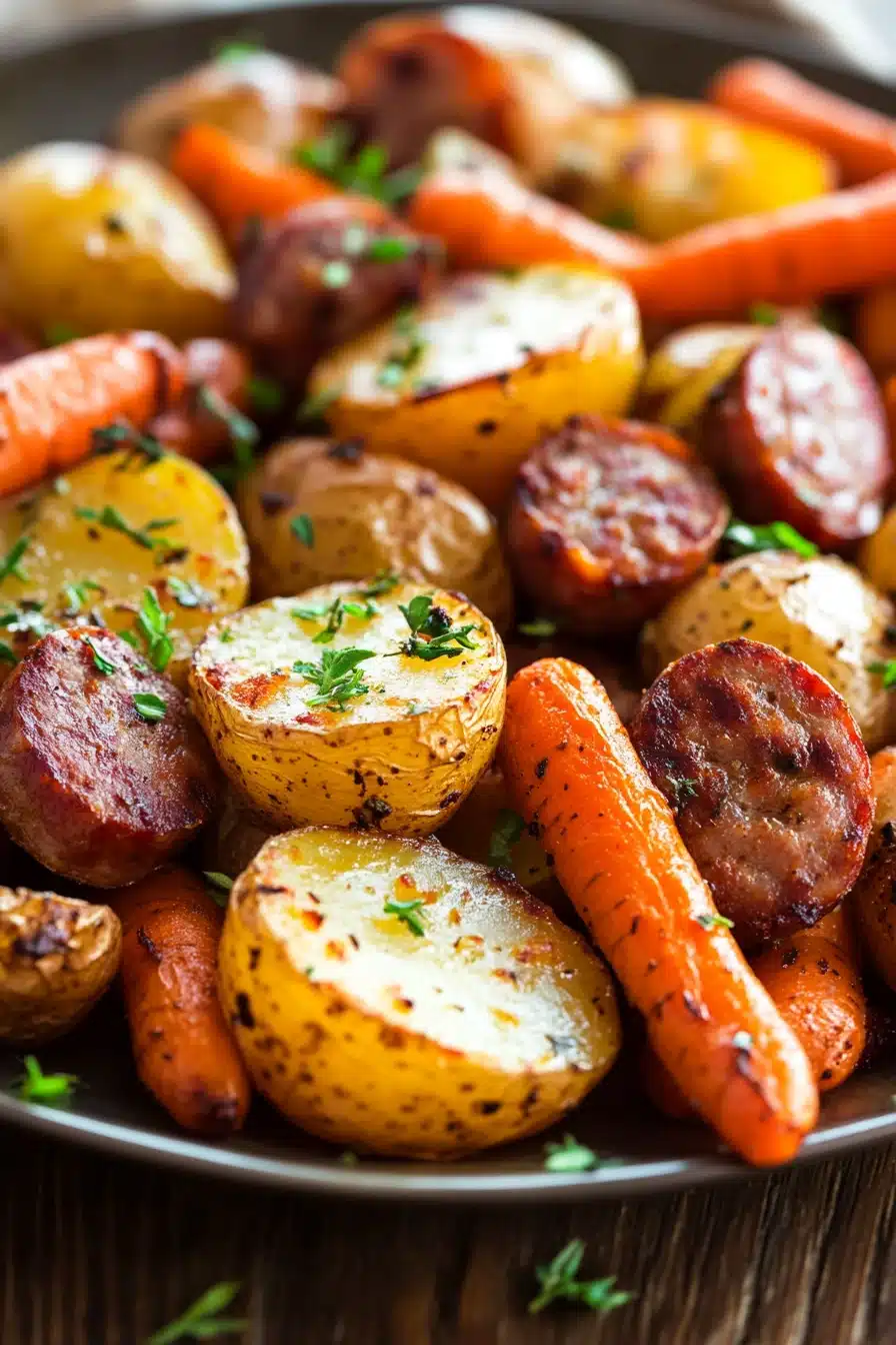 Close-up of sheet pan with sausage, potatoes, and carrots, showcasing vibrant colors and textures.