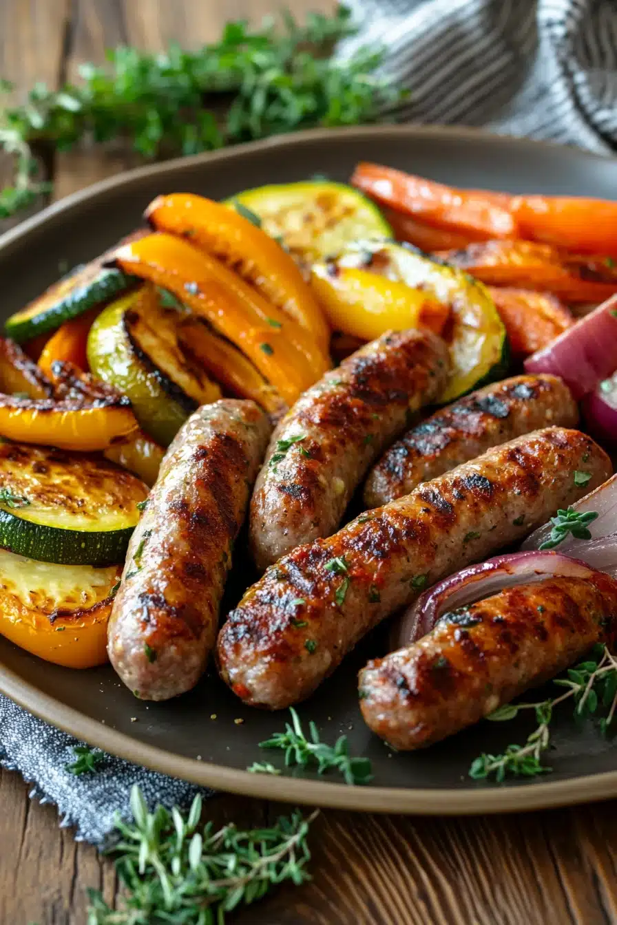 Close-up of sheet pan vegetables and sausage with vibrant colors and natural lighting.