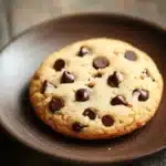Close-up of shortbread cookie with chocolate chips on a clean background.
