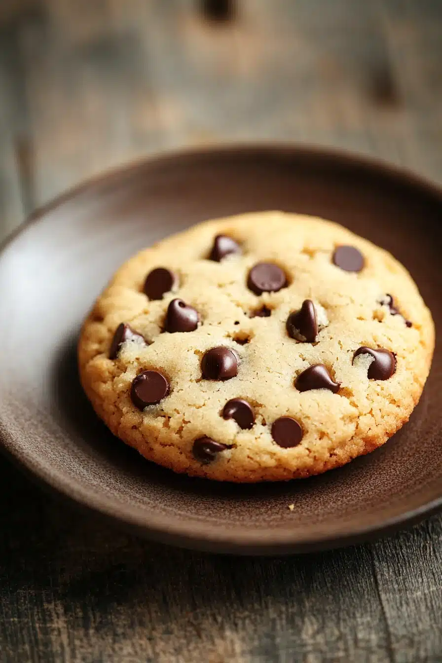 Close-up of shortbread cookie with chocolate chips on a clean background.