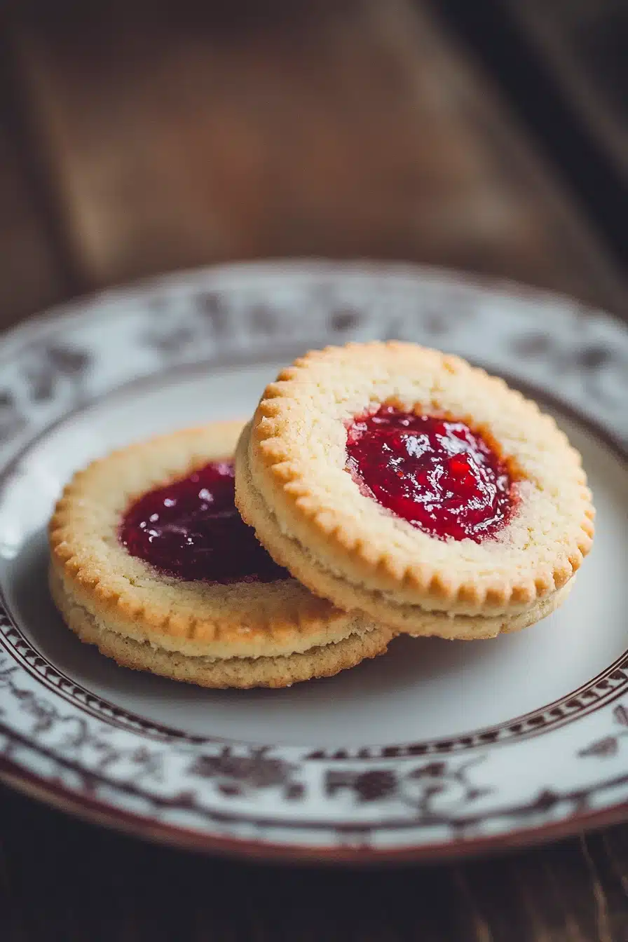 Close-up of a shortbread cookie with filling on a clean background