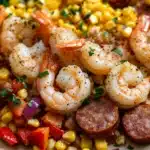 Close-up of shrimp, corn, and sausage on a sheet pan with vibrant colors and textures.