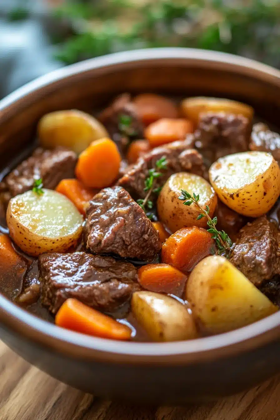 Close-up of slow cooker beef and potatoes stew with carrots and herbs in a white bowl.
