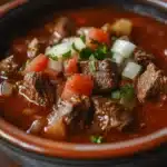 Close-up of slow cooker beef birria with rich textures and vibrant colors.