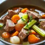 Close-up of slow cooker beef broth with rich textures and warm lighting
