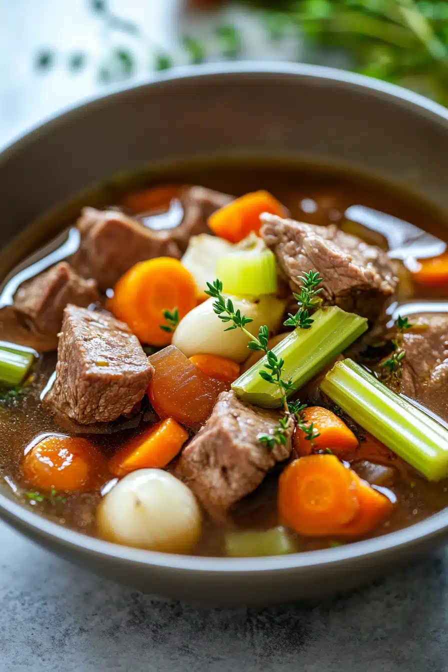 Close-up of slow cooker beef broth with rich textures and warm lighting