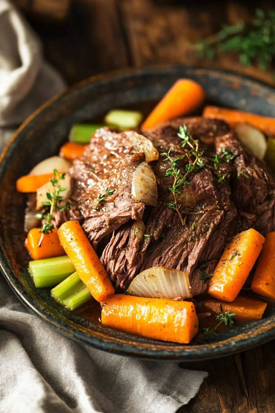 Close-up of a slow cooker beef chuck roast with rich, savory sauce and herbs.