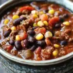 Close-up of slow cooker black bean taco chili with vibrant colors and fresh ingredients.