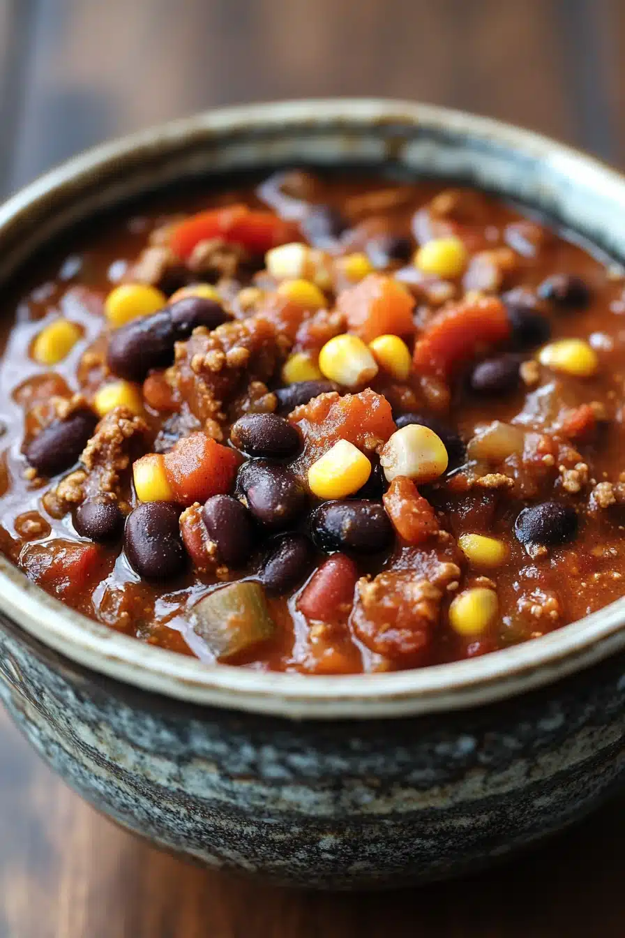 Close-up of slow cooker black bean taco chili with vibrant colors and fresh ingredients.