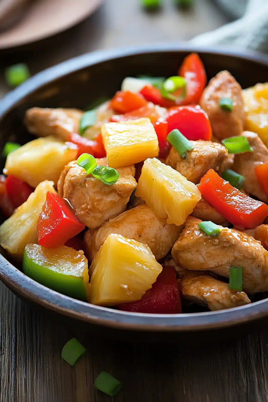 Close-up of slow cooker chicken Hawaiian with creamy sauce and herbs