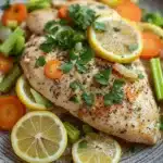 Close-up of a slow cooker chicken dish with herbs and creamy sauce, perfect for Whole 30 meals.