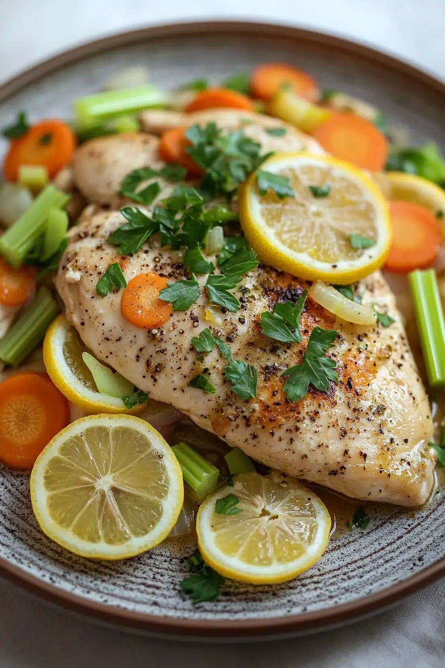 Close-up of a slow cooker chicken dish with herbs and creamy sauce, perfect for Whole 30 meals.