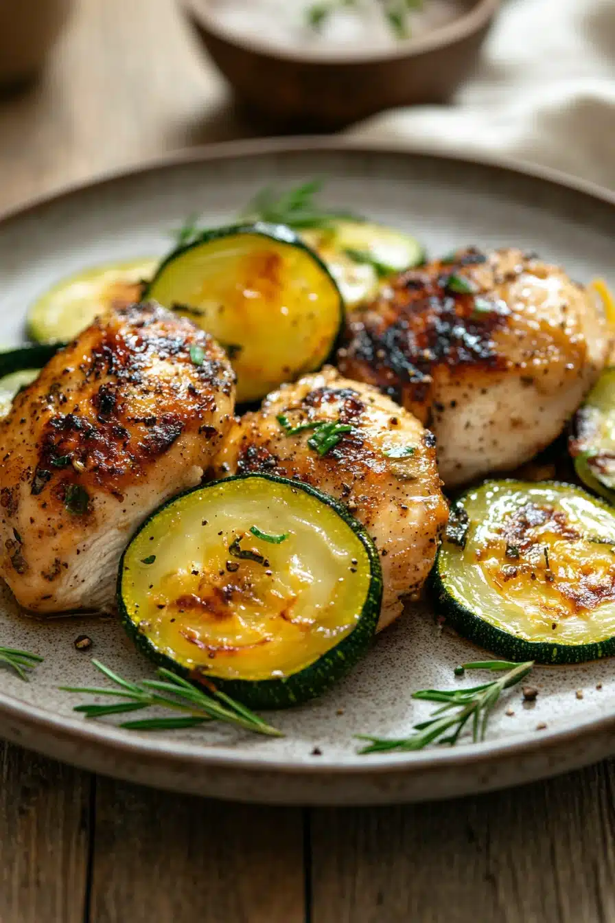 Close-up of slow cooker chicken with zucchini in a bright, clean setting