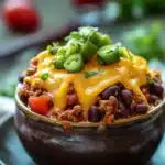 Close-up of a cheesy slow cooker chili cheese casserole with a golden crust