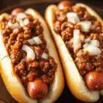 Close-up of slow cooker chili dogs with melted cheese and garnishes on a clean background.