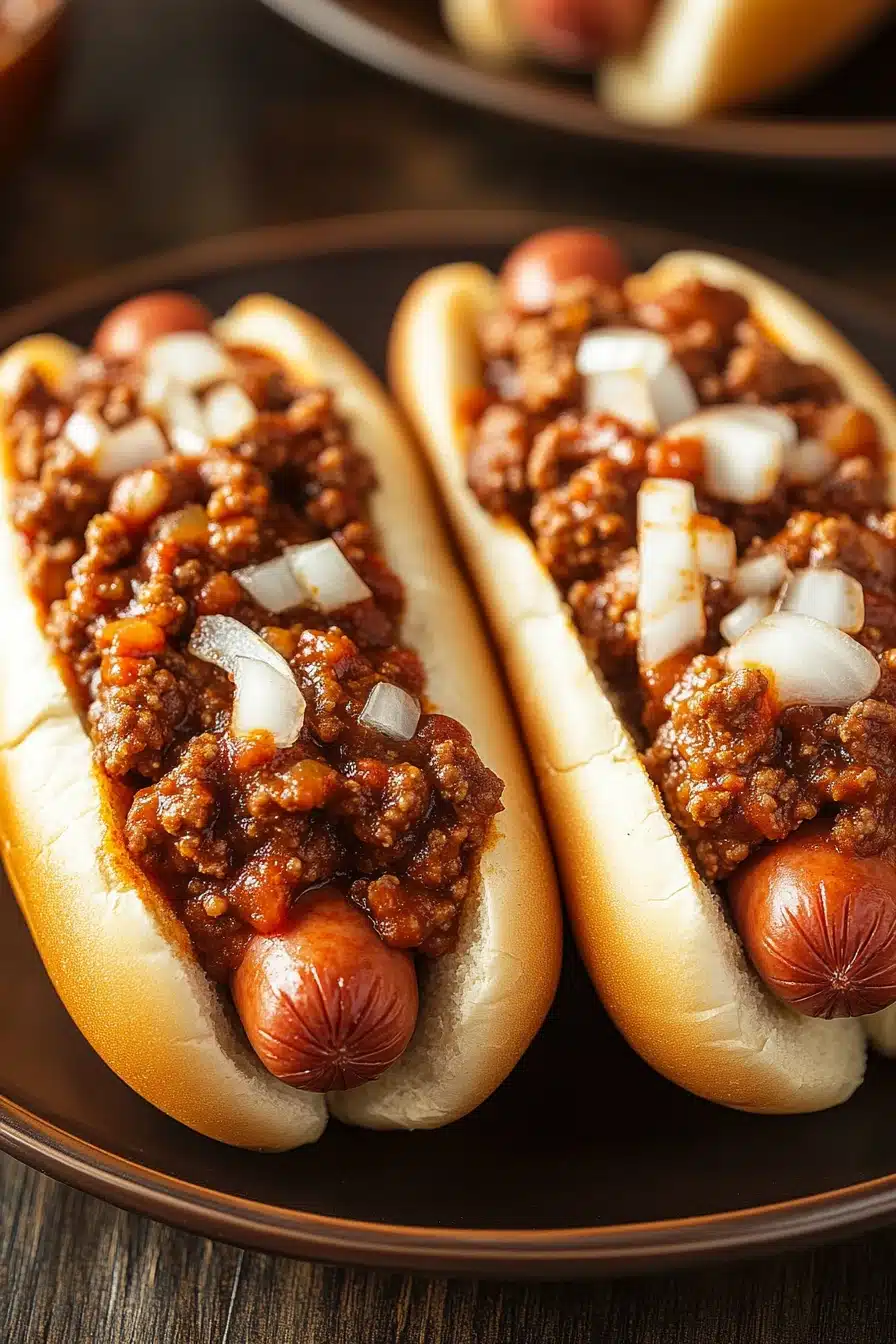 Close-up of slow cooker chili dogs with melted cheese and garnishes on a clean background.