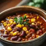 Close-up of slow cooker chili with corn and beans in a bowl