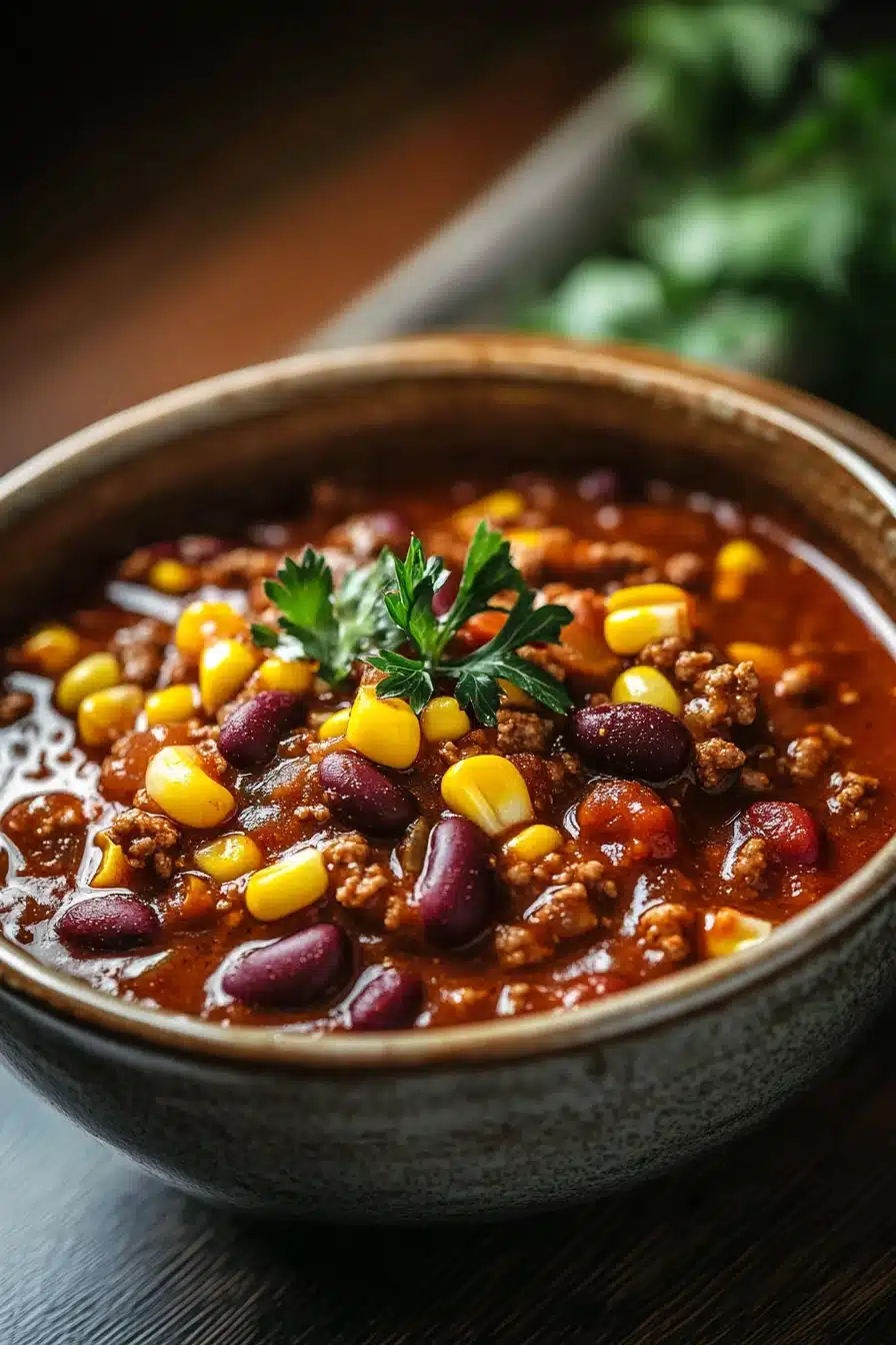 Close-up of slow cooker chili with corn and beans in a bowl