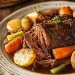 Close-up of a slow cooker pot roast with vegetables, showcasing a hearty and gluten-free meal.