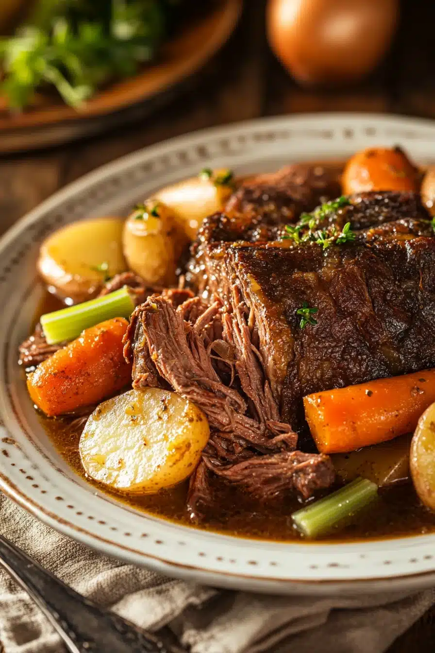 Close-up of a slow cooker pot roast with vegetables, showcasing a hearty and gluten-free meal.