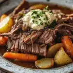 Close-up of a slow cooker pot roast with ranch dressing, showcasing tender meat and creamy sauce.