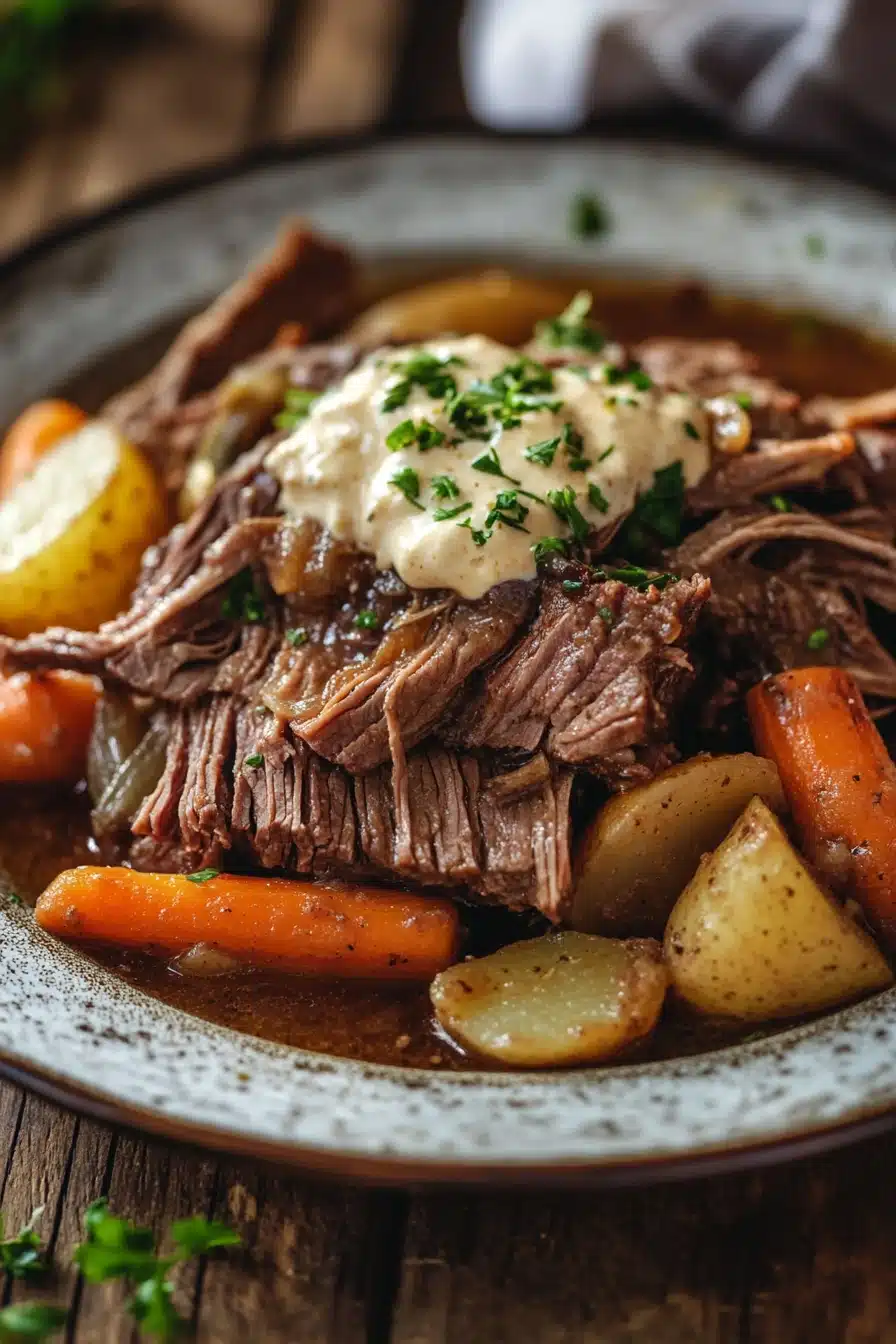 Close-up of a slow cooker pot roast with ranch dressing, showcasing tender meat and creamy sauce.