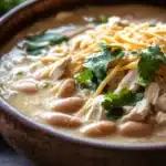 Close-up of slow cooker white chicken chili with creamy sauce and herbs.