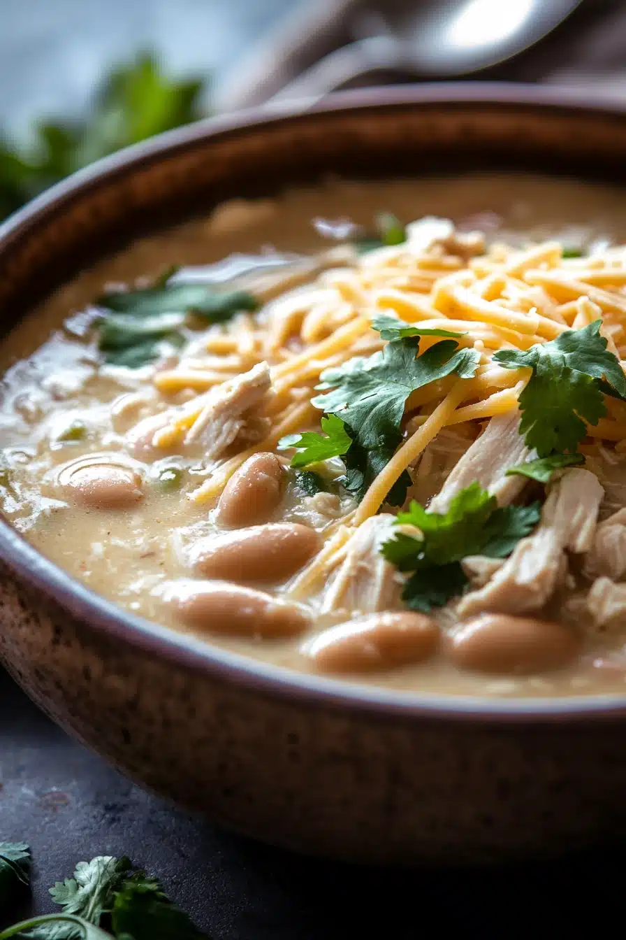 Close-up of slow cooker white chicken chili with creamy sauce and herbs.