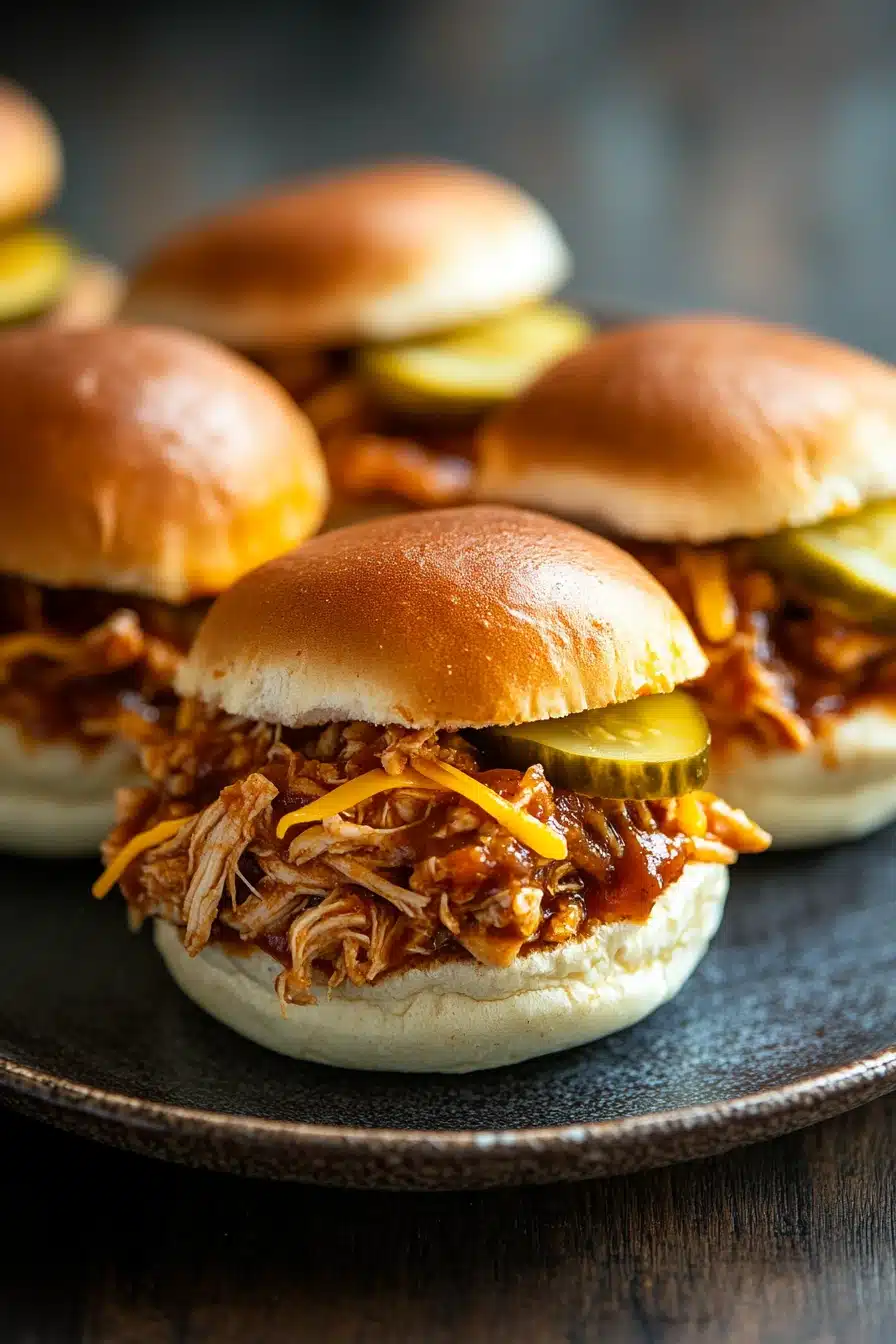 Close-up of slow cooker zesty BBQ chicken sliders with a clean background.