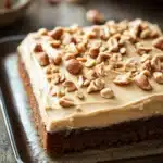 Close-up of a peanut butter zucchini sheet cake with a smooth frosting, perfect for a taste of home.