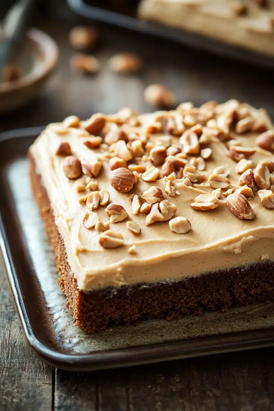 Close-up of a peanut butter zucchini sheet cake with a smooth frosting, perfect for a taste of home.