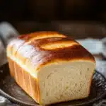Close-up of gluten-free sandwich bread with a golden crust on a wooden board.