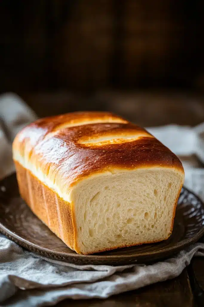 Close-up of gluten-free sandwich bread with a golden crust on a wooden board.