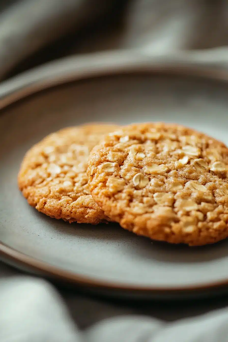 Close-up of thin and crispy oatmeal cookies on a clean background