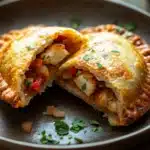 Close-up of tilapia na air fryer empanada with golden crust and fresh herbs