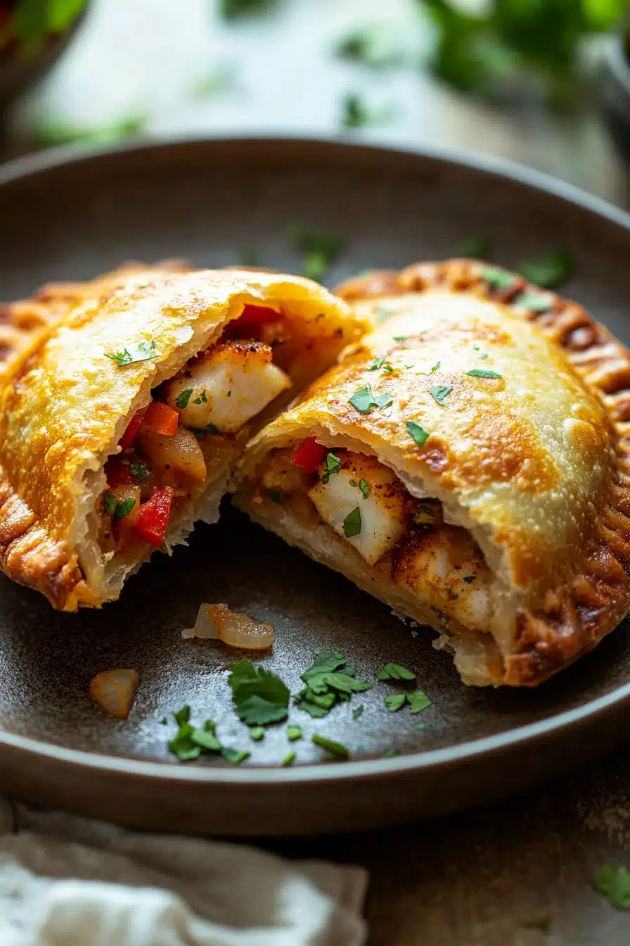 Close-up of tilapia na air fryer empanada with golden crust and fresh herbs