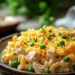 Close-up of a creamy tuna casserole with pasta and sauce, no bake