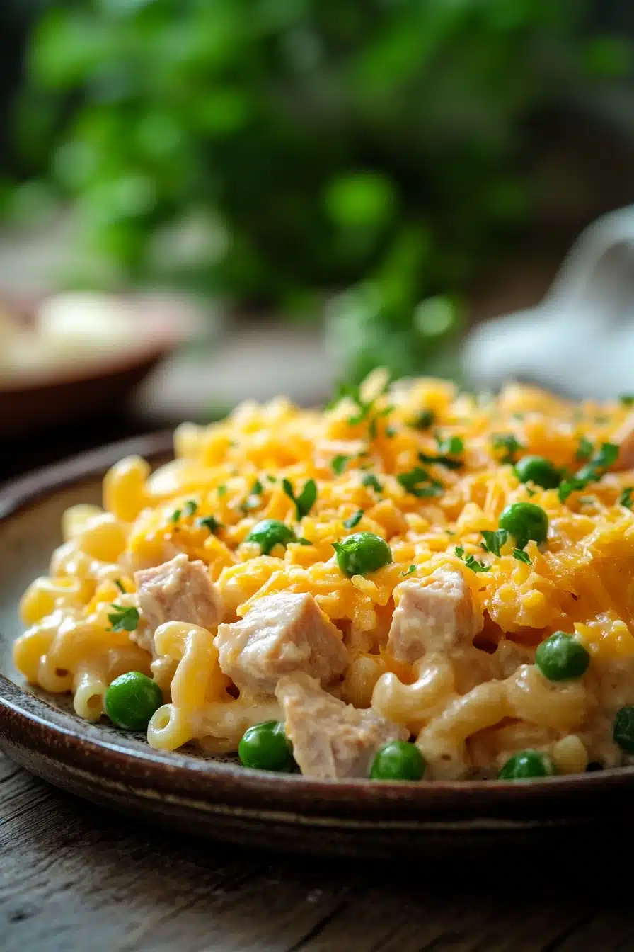 Close-up of a creamy tuna casserole with pasta and sauce, no bake