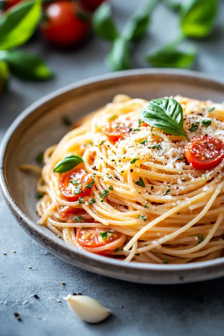 Close-up of a creamy pasta dish with herbs and sauce, perfect for a one pot meal.