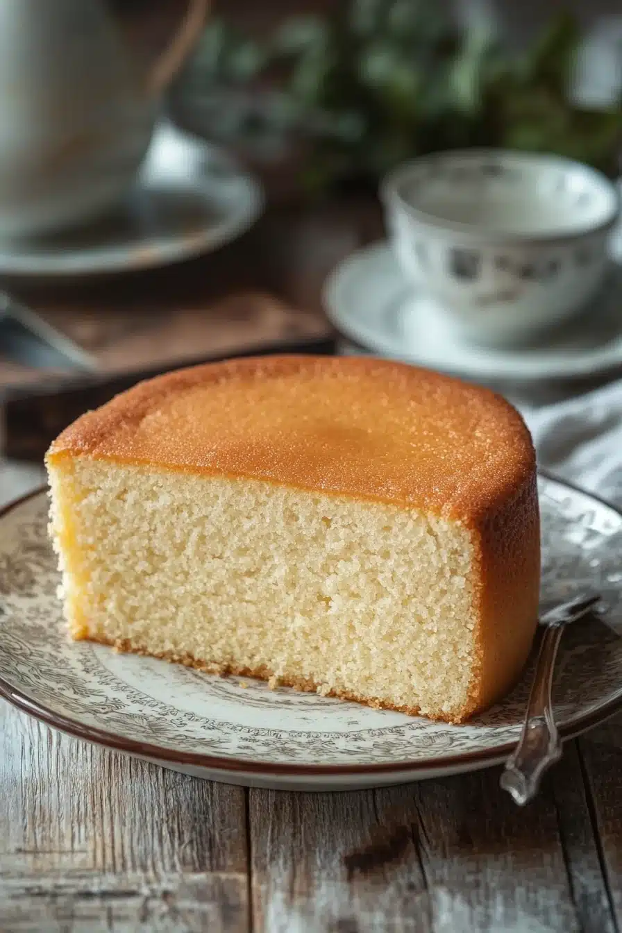 Close-up of a vanilla cake with a smooth frosting, set against a minimal background in a kitchen by the sea.